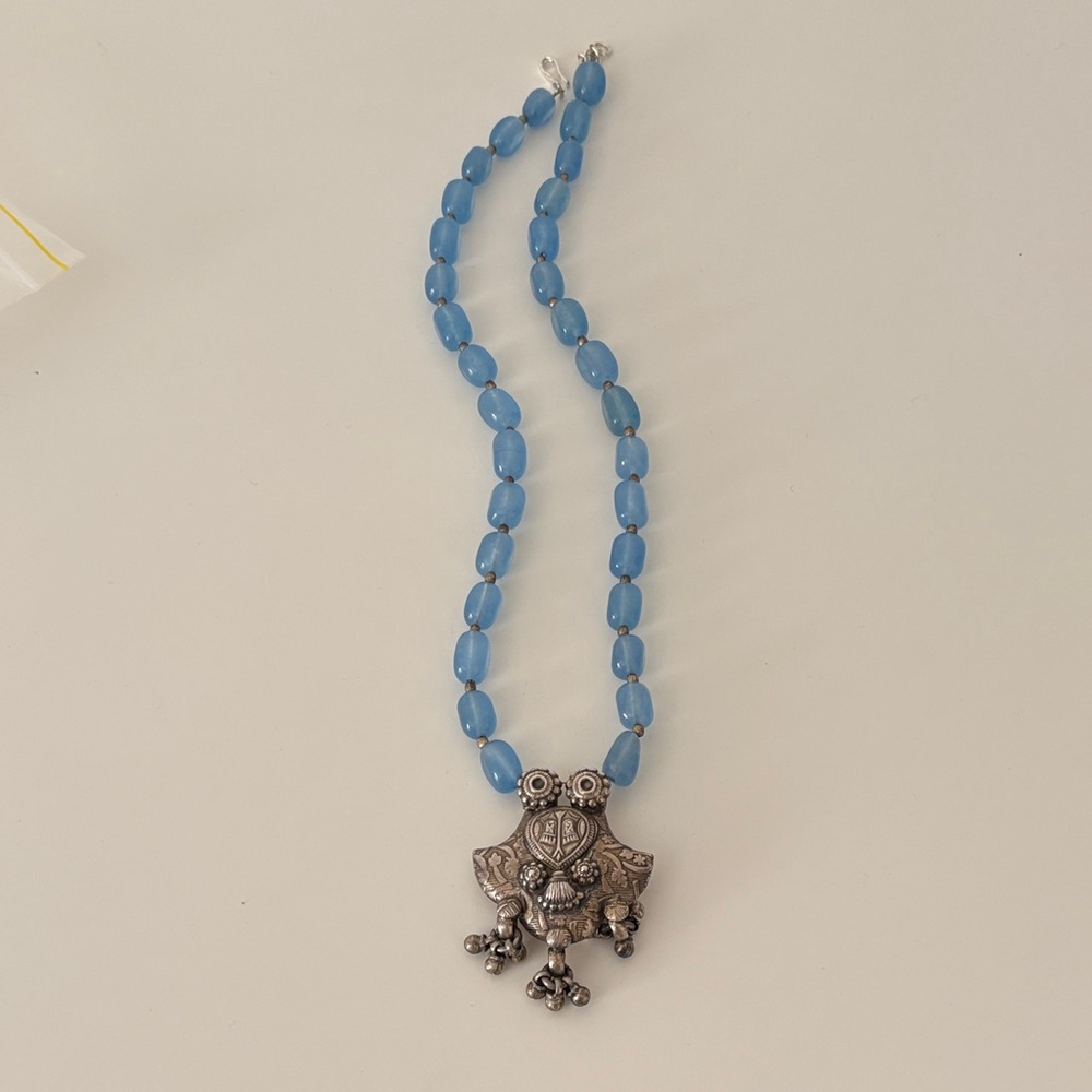 Silver and Blue Agate Beaded Pendant Necklace - Picture 3 of 10